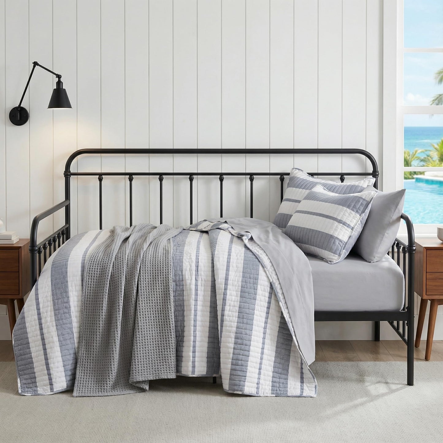 BOV Gray White Striped Quilt Set King Size 100x92 – Coastal Striped Quilt Set, Lightweight Summer Bedspread, Oversized King Quilt with 2 Pillow Shams, Breathable Coverlet Bedding