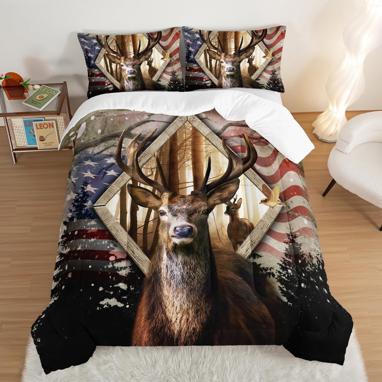 HOSIMA Hunting Bedding Sets 3Pcs Deer Comforter with 2 Pillowcases,Western Farmhouse Animal Hunting Stars Stripes USA Flag Full Size Comforter for Teen Boys Mens Bedroom Essentials RV Inside Decor.