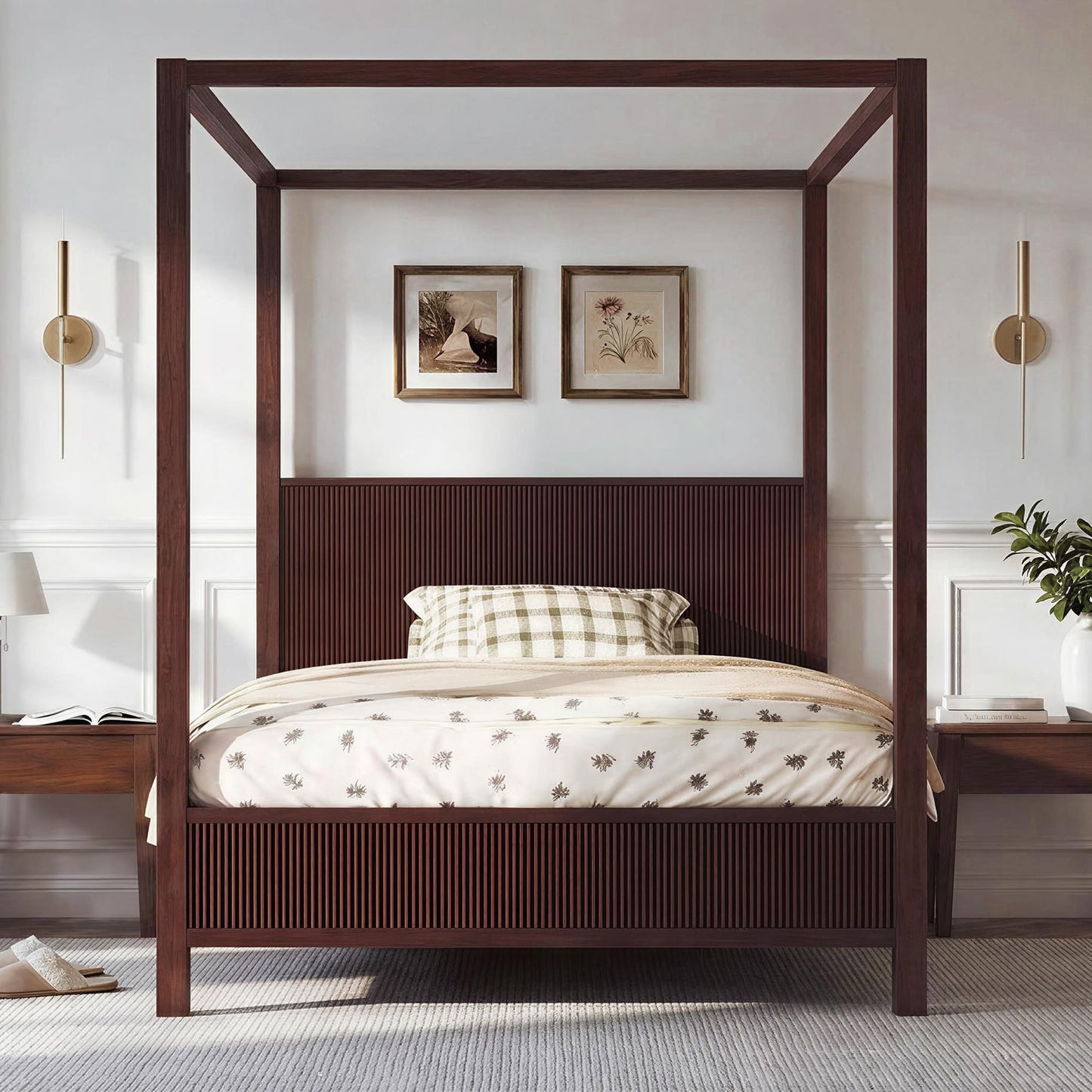 Espresso Solid Wood Canopy Bed Frame Queen Size with Headboard Four-Posters Bed, 6" Under Bed Storage Wooden Platform Frames, 12- Leg ＆ 10-Slat Support, No Box Spring Needed (Espresso, Queen, 75.5"H)