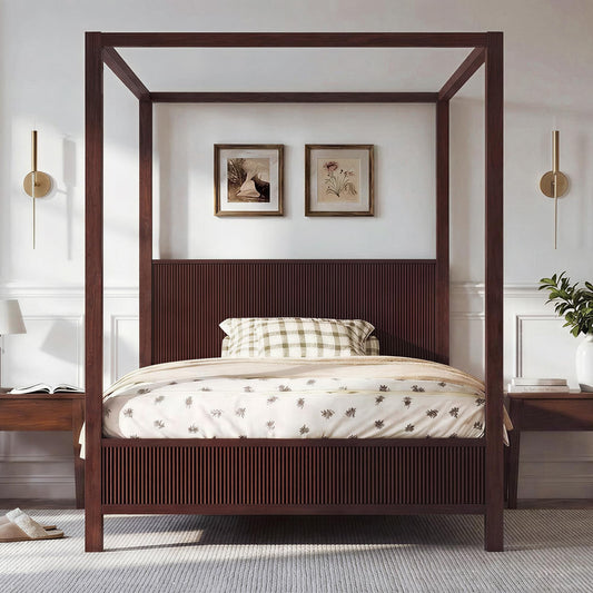 Espresso Solid Wood Canopy Bed Frame Queen Size with Headboard Four-Posters Bed, 6" Under Bed Storage Wooden Platform Frames, 12- Leg ＆ 10-Slat Support, No Box Spring Needed (Espresso, Queen, 75.5"H)