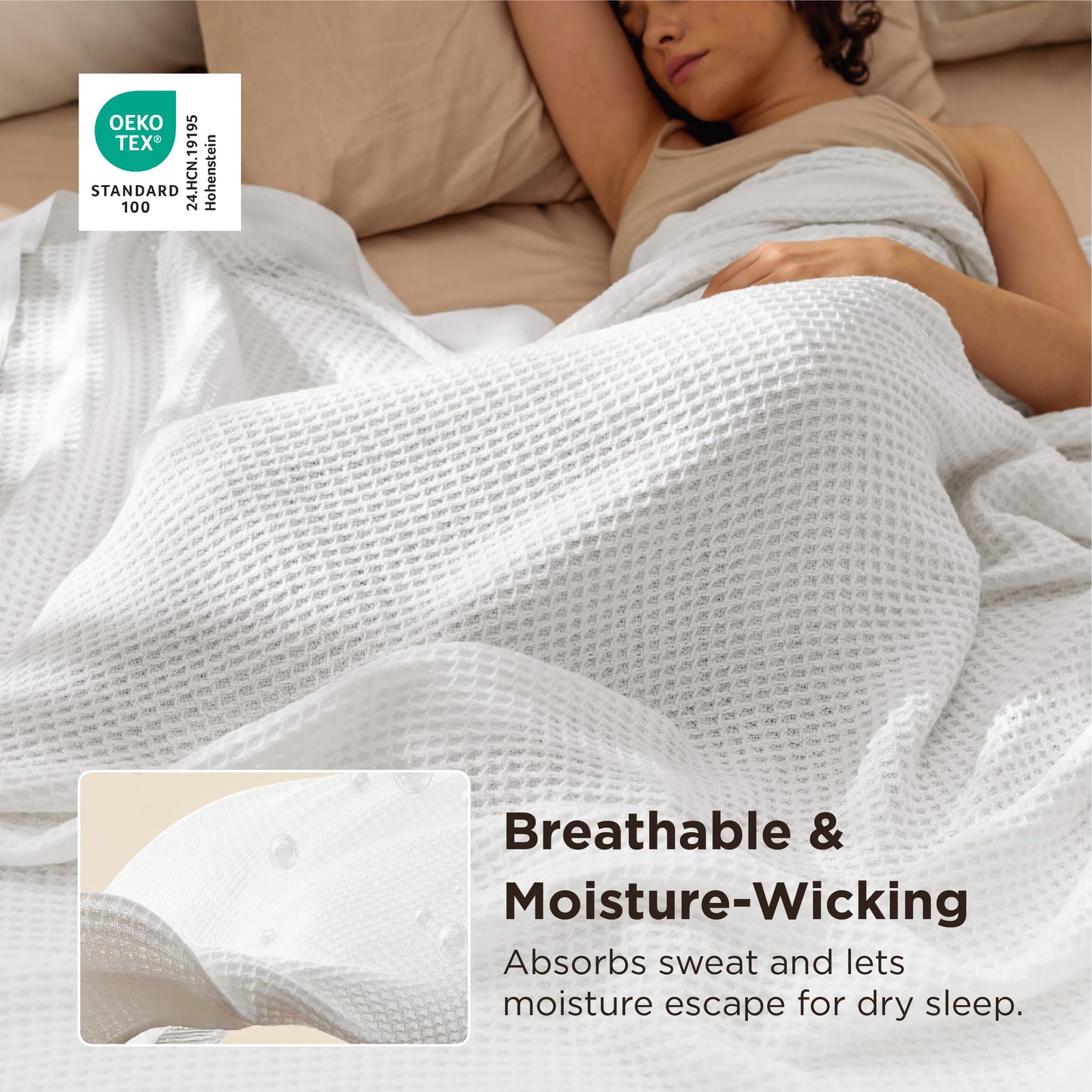 Bedsure 100% Cotton Blanket Queen Size for Bed - Cooling Breathable and Soft for Summer, Thick Cozy Waffle Weave Blanket Gifts for Women, White, 90x90 Inches