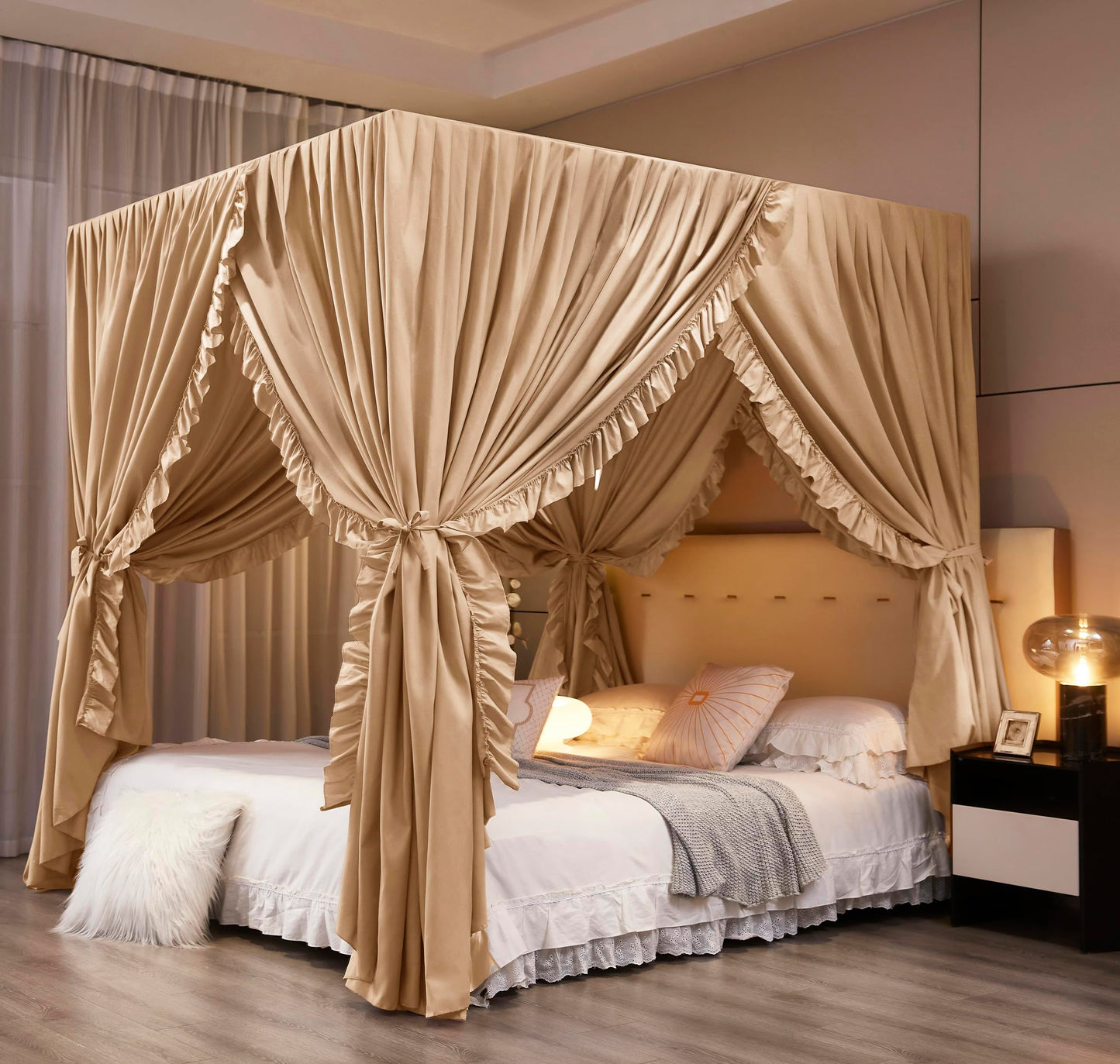 Mengersi Canopy Bed Curtains Queen Size,Royal Breathable Private Space-Elegant Bed Curtains Bedroom Decor for Adults,Champagne