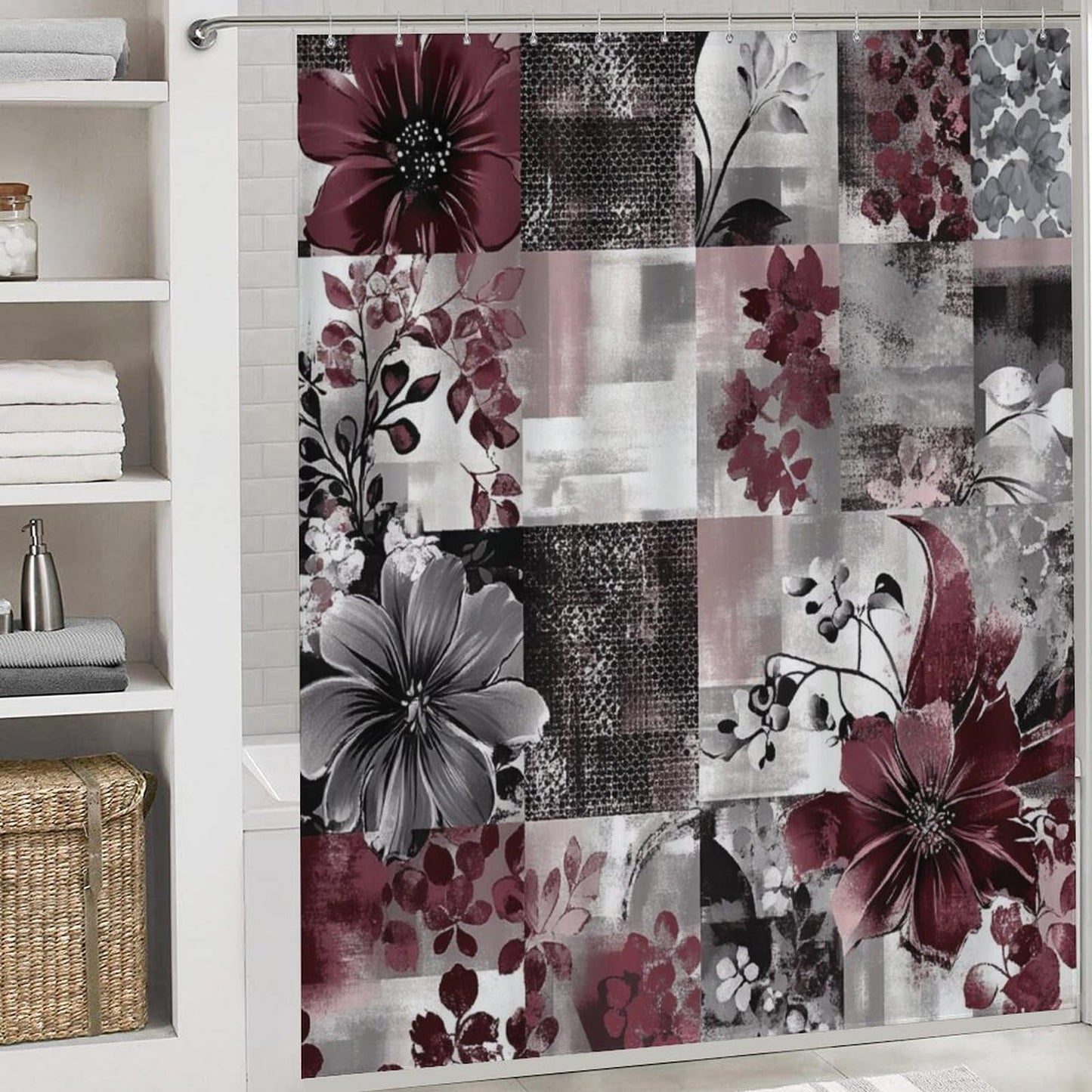 DIPQIMI 4Pcs Red Grey Flower Shower Curtain Sets with Rugs, Toilet Lid Cover and Bath Mat, Beautiful Patchwork Botanical Bathroom Shower Curtains Set with 12 Hooks