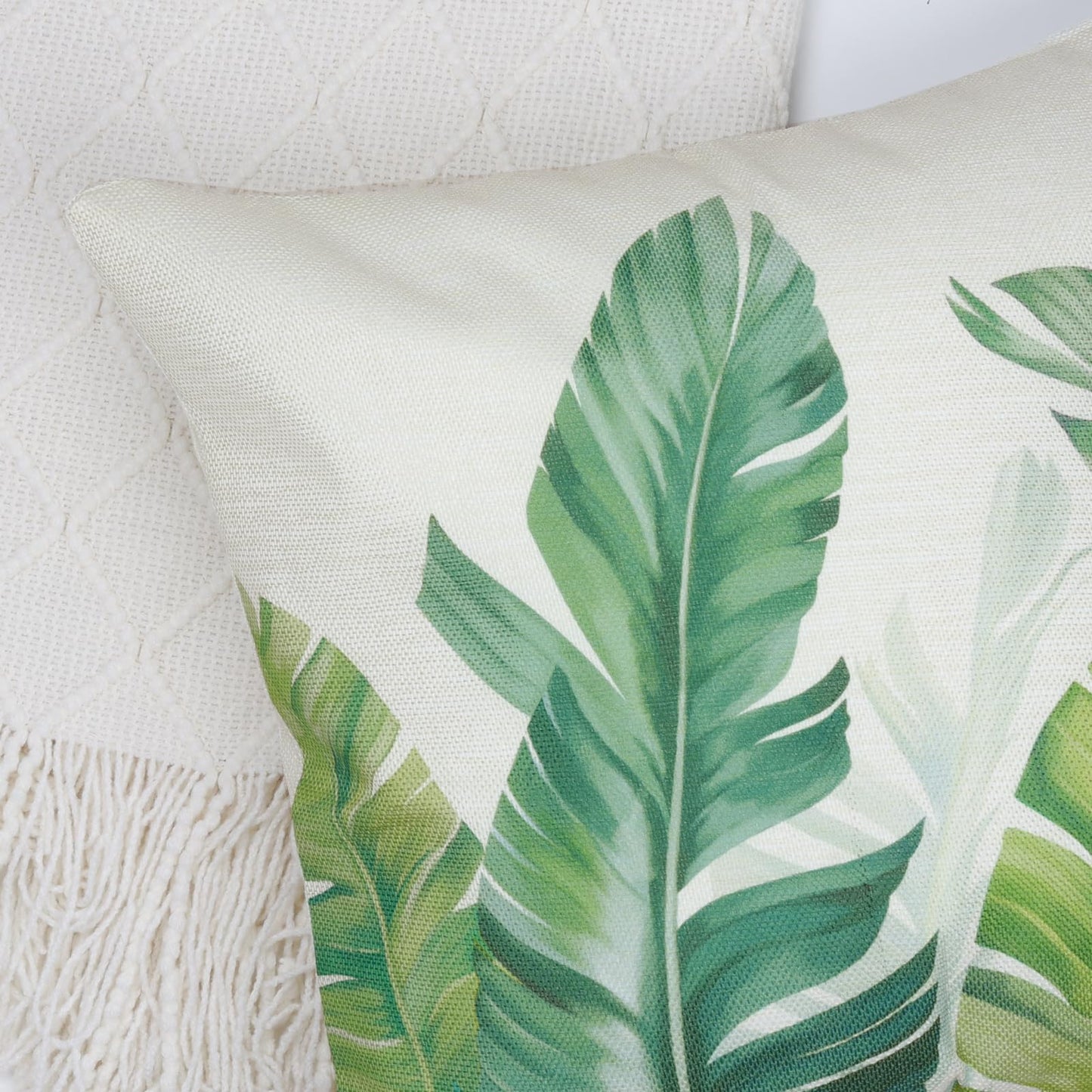 Bonhause Tropical Leaves Throw Pillow Covers 18 x 18 Inch Green Palm Leaf Decorative Pillows Polyester Linen Cushion Cases for Couch Sofa Bed Home Decor Set of 4