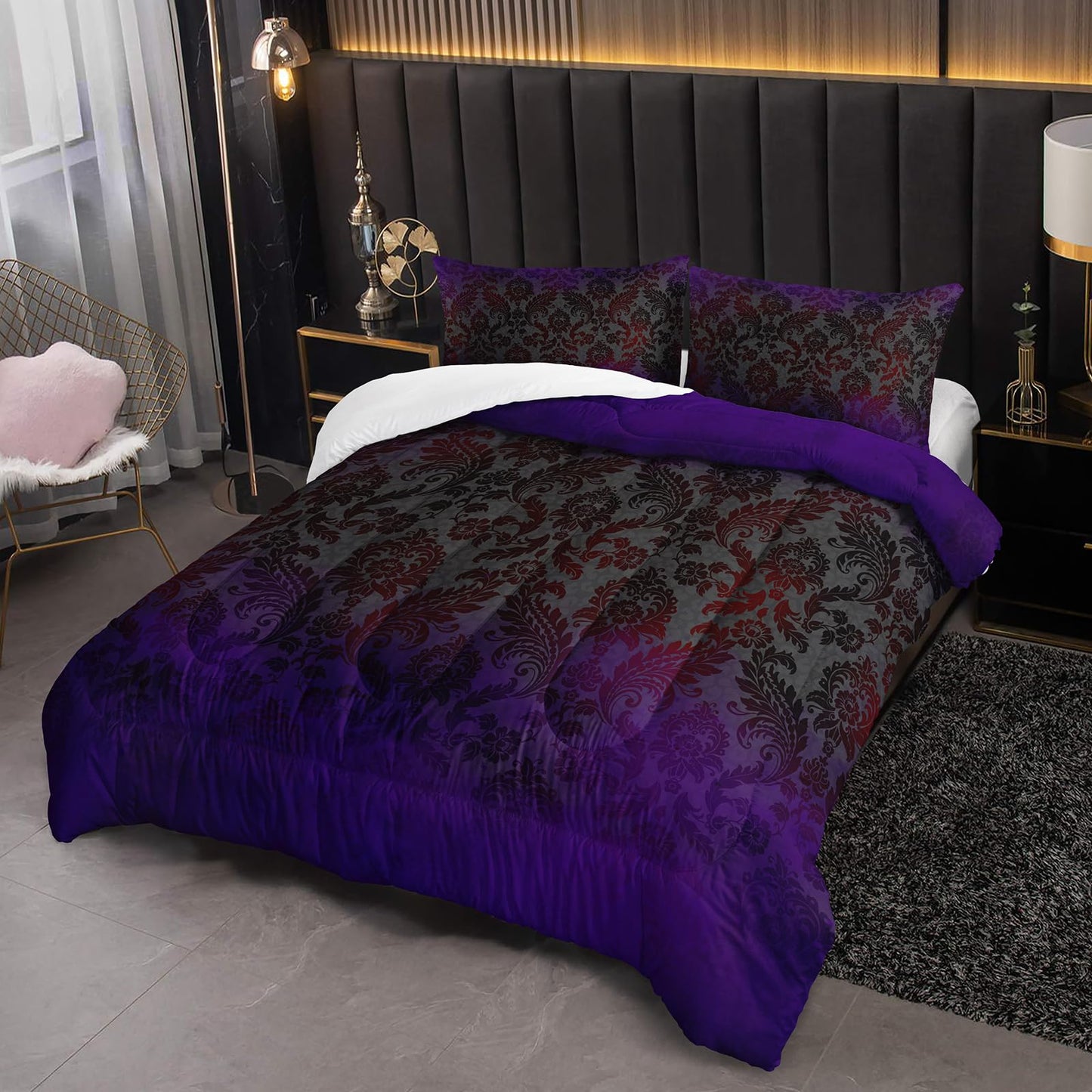 lneffble Black Purple Paisley Floral Victorian Gothic Comforter Set Full，Gothic Bedding Set Full Purple，with 1 Comforter with 2 Pillow Case，Halloween Room Decor for Bedroom