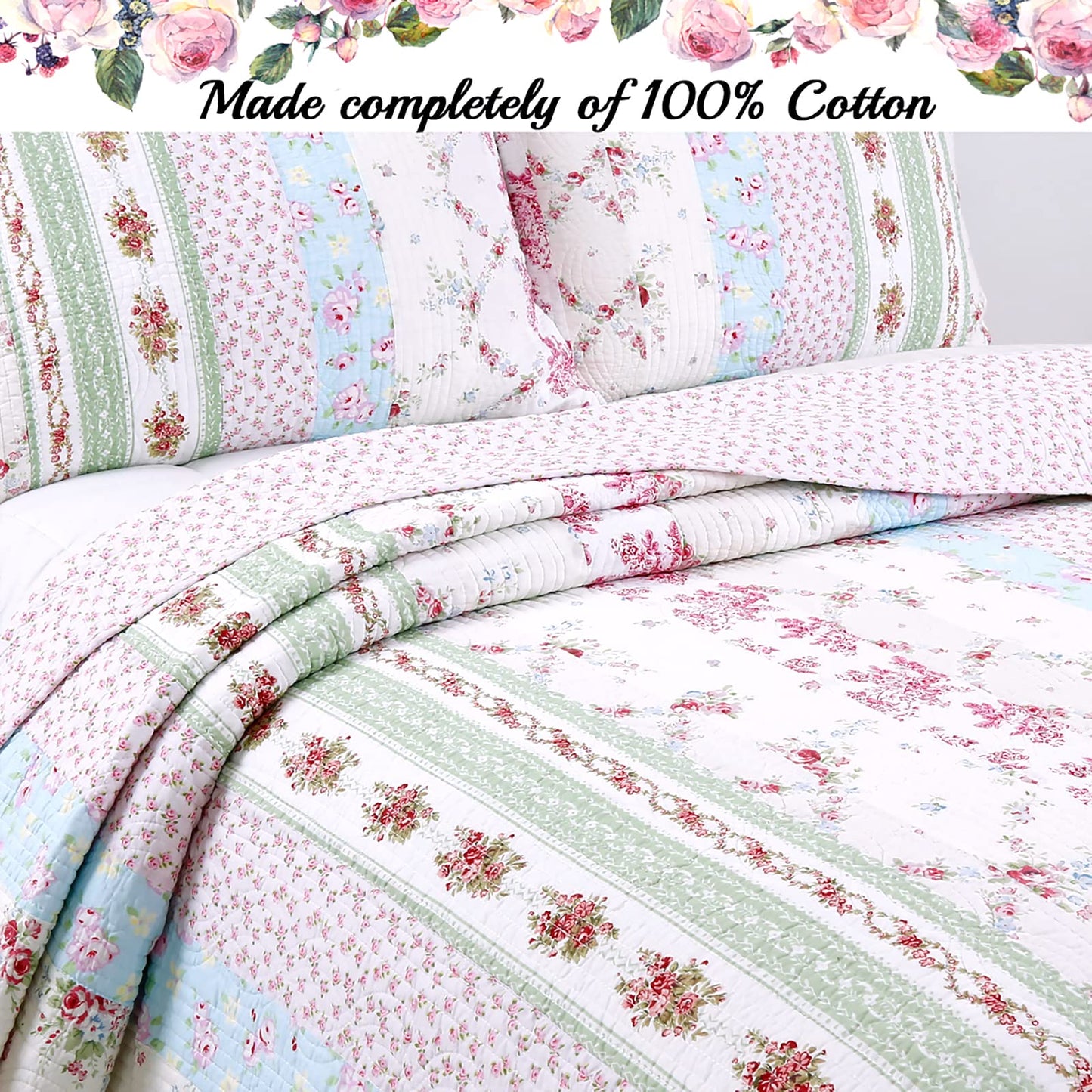 Cozy Line Home Fashions 100% Cotton Real Patchwork Pink Floral Cottage Shabby Chic Reversible Quilt Bedding Set, Bedspread, Coverlet (Wild Rose, Queen - 3 Piece)