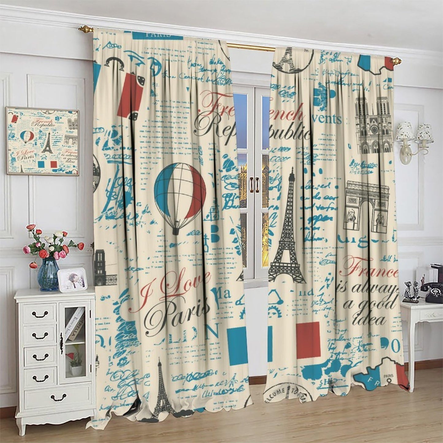 Eiffel Tower Curtains French Flag Paris Architecture Vintage Newspaper Retro Travel Pattern Rod Pocket Window Treatments Living Room Kids Bedroom 2 Panels Set 41" x 45" （No Blackout）