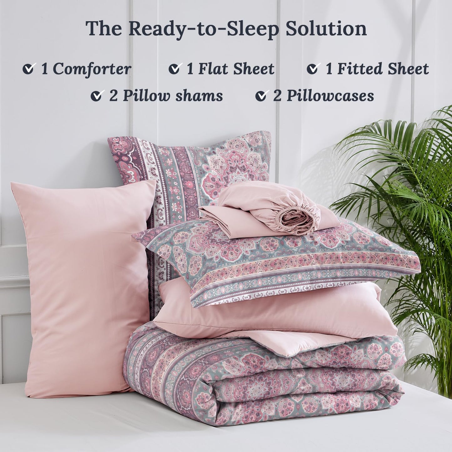 JOLLYVOGUE Queen Comforter Set 7-Piece, Bohemian Bed in a Bag, Sakura Pink