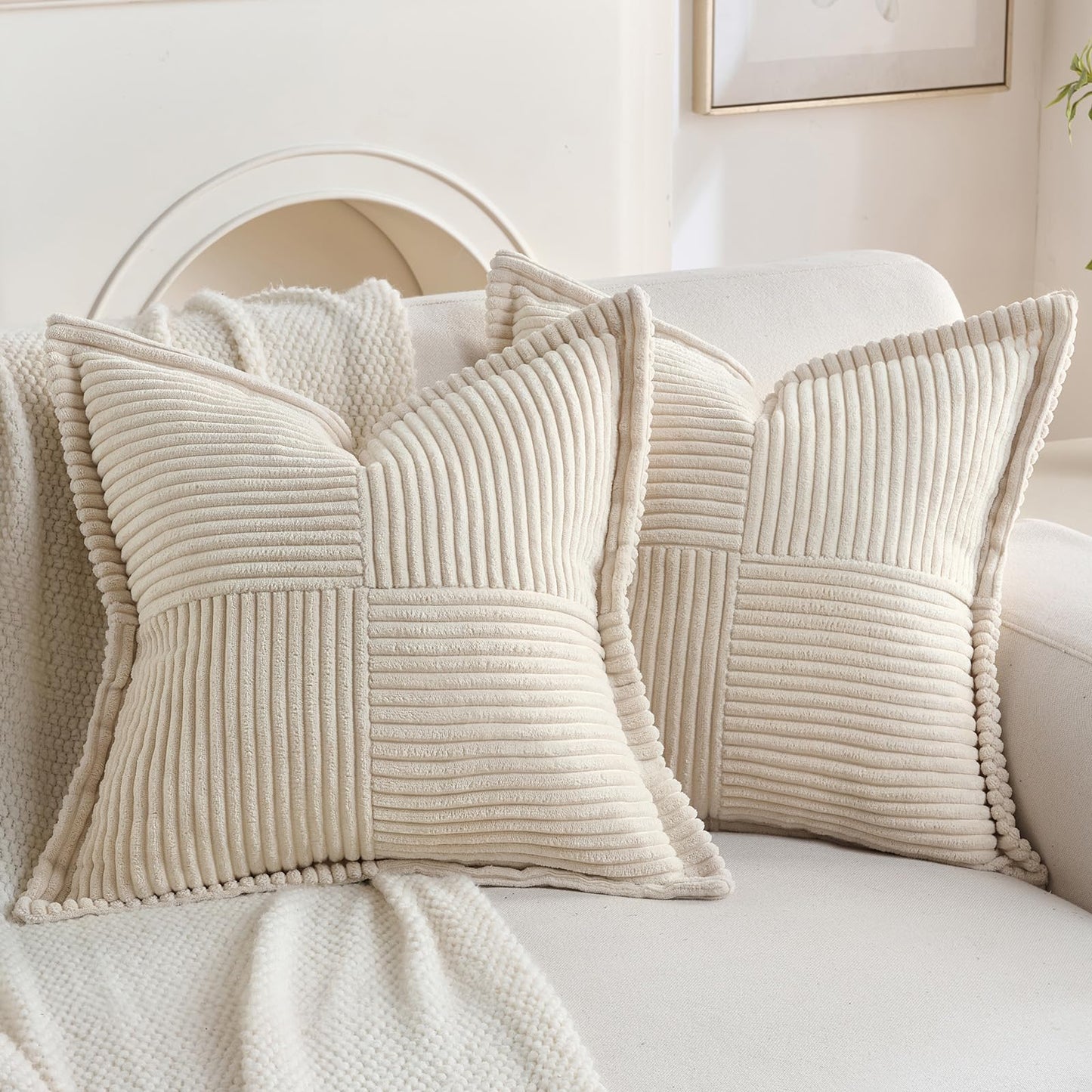 HAUSSY 2 Pack Pillow Covers 18x18 Inch, Corduroy Decorative Throw Pillows Soft Boho Striped Solid Couch Cushion Covers Home Decor Modern Pillow Cases for Living Room Sofa Bed, Beige (Covers Only)