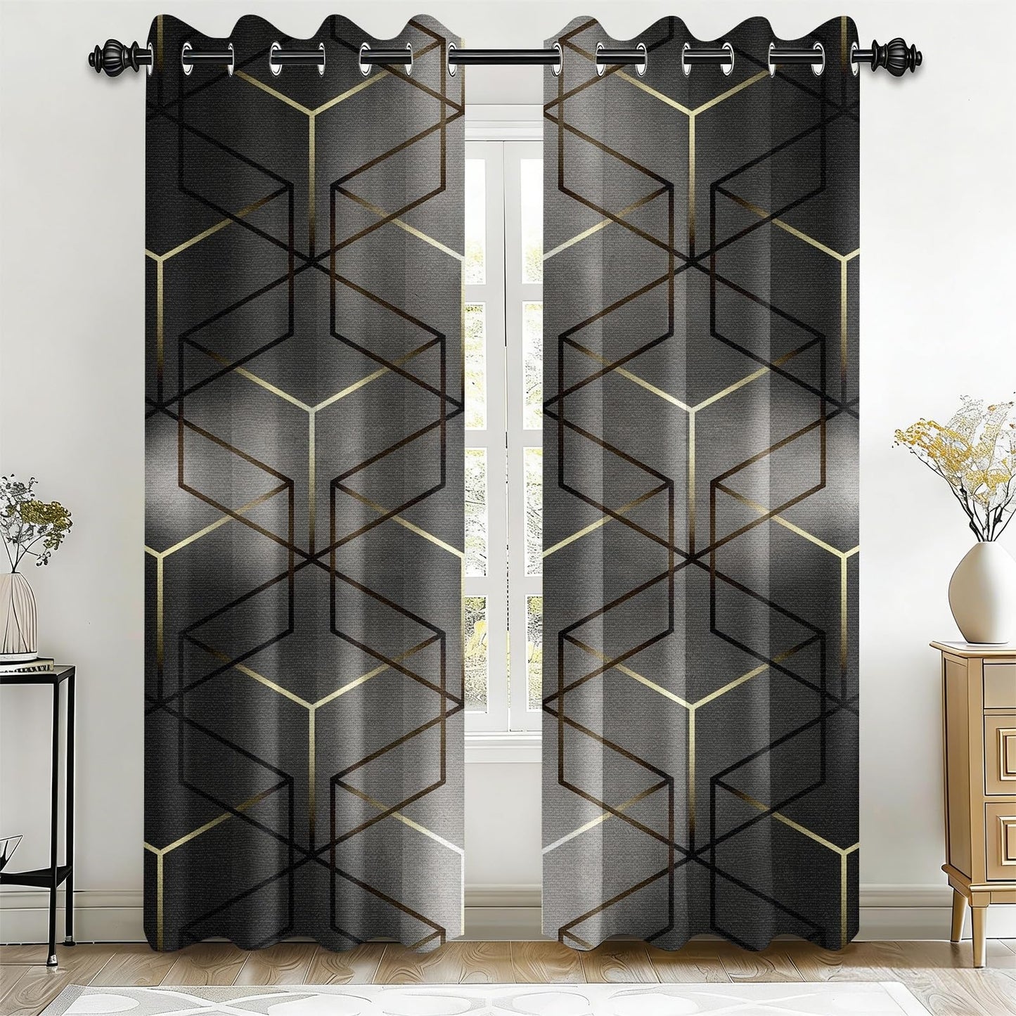 MBVZGUK Geometric Grey Room Darkening Curtains 84 Inch Long 2 Panels, Abstract Geometry Gold Foil Metallic Print Grommet Curtains & Drapes for Bedroom, Diamond Hexagon Window Treatments