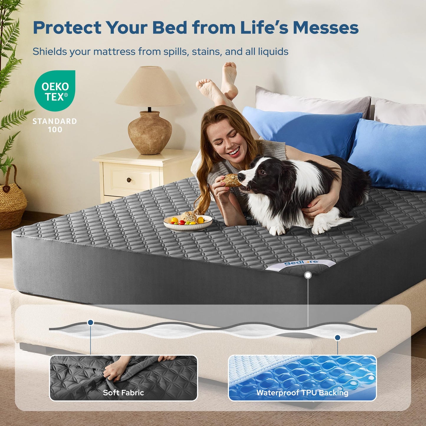 2 Pack Waterproof Mattress Protector, Queen Size Mattress Pad Noiseless with Deep Pocket Fitted for 6"-18", Soft Breathable Dirt-Proof Bed Mattress Cover Washable for Home, Bedroom, Hotel (Gray)