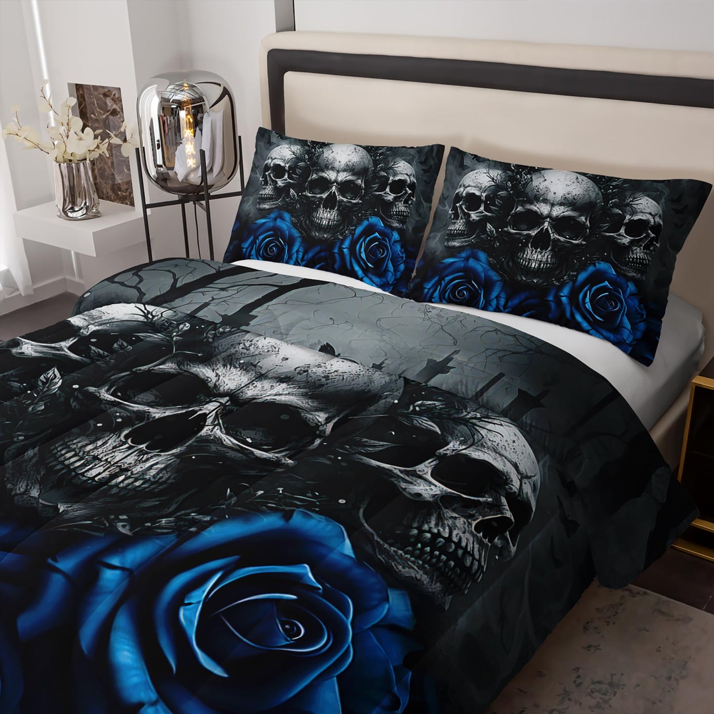 Tuzaovy Skull Bedding Set Queen Size,Goth Bedding Sets Queen with Comforter,Skull Comforter Set,Rose Comforter Halloween Skull Bed Comforter,Black Bedding Skull Quilt