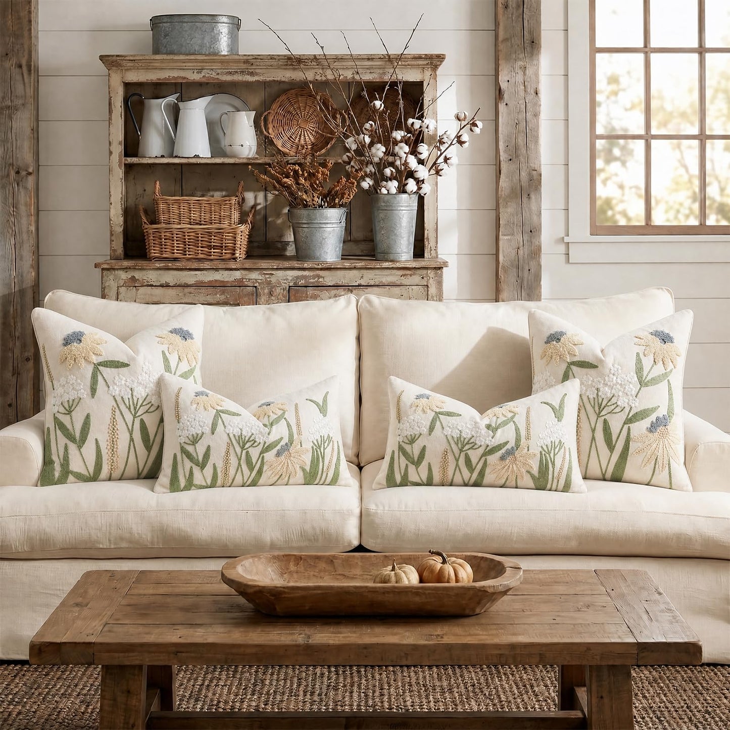 DEZENE Floral Embroidered Decorative Lumbar Pillow Cover 12x20 Spring Summer Boho Cute Accent Throw Pillow Cover for Living Room Couch Bedroom Sofa Home Decor