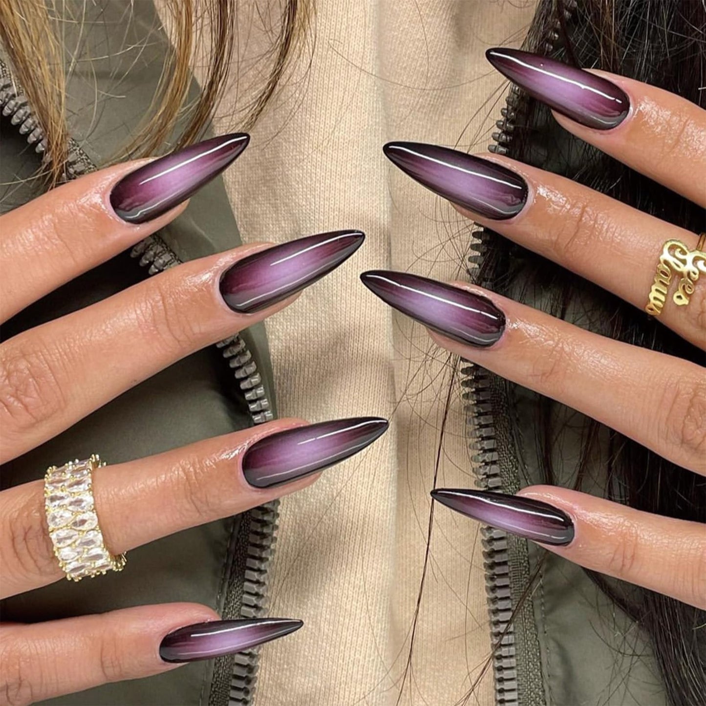 SINHOT Press on Nails Long Stiletto Fake Nails Glossy Glue on Nails Goth Black Acrylic Nail Sharp Almond Artificial Nail Purple Ombre Aura Stick on False Nail with Design 24 pcs