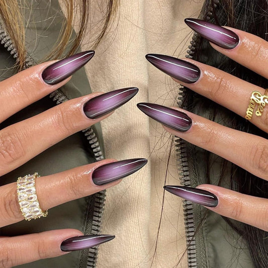 SINHOT Press on Nails Long Stiletto Fake Nails Glossy Glue on Nails Goth Black Acrylic Nail Sharp Almond Artificial Nail Purple Ombre Aura Stick on False Nail with Design 24 pcs