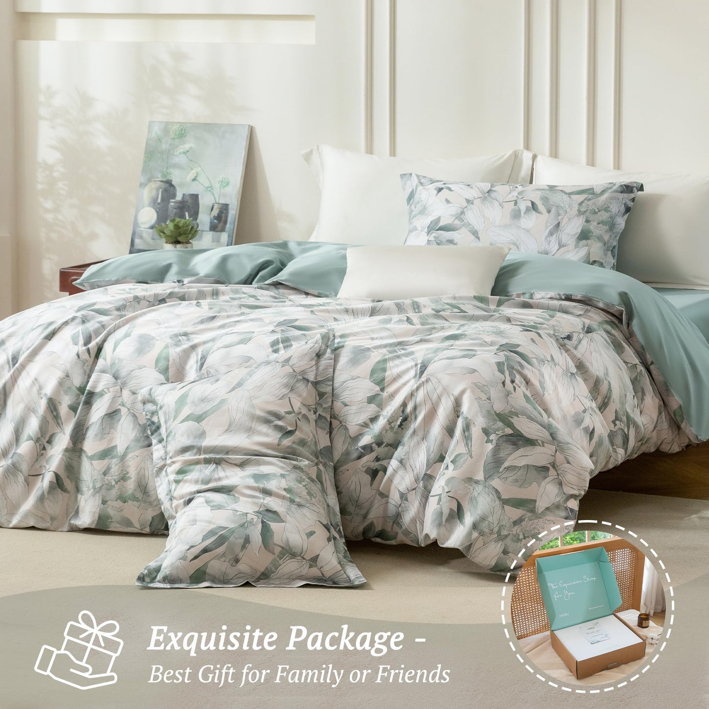 MILDLY Queen Duvet Cover Set - 100% Long-Staple Cotton Sage Green Leaves Patten Reversible Comforter Cover - 3Pcs Soft Breathable Luxury Bedding for All Season