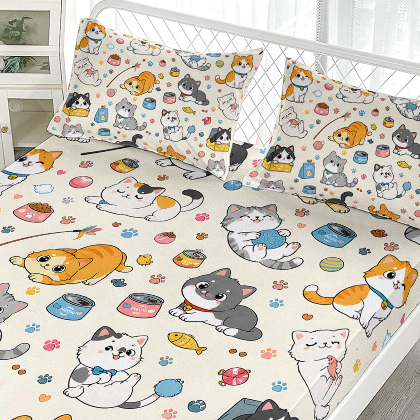 AILONEN Cute Cat Fitted Sheet Twin XL Size, Kitten Pet Animal Bedding, Cream Patterned Mattress Cover, Deep Pocket Microfiber 3 Piece Pillowcase Nursery Accessory Bottom Protector