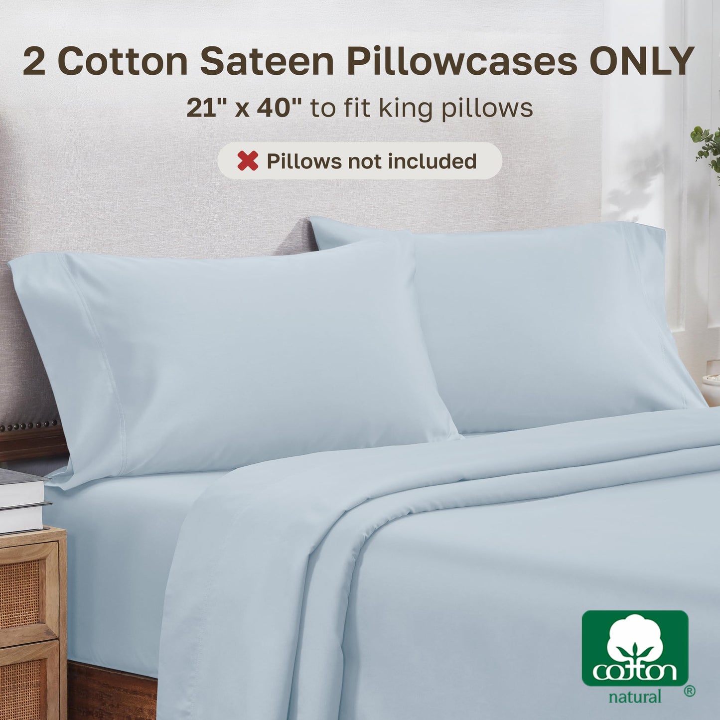 California Design Den King Pillow Cases Set of 2 - Luxuriously Soft and Thick 800 Thread Count, Smooth Sateen, Natural 100% Cotton Pillowcases King, Durable - Blue (Grey Tone)