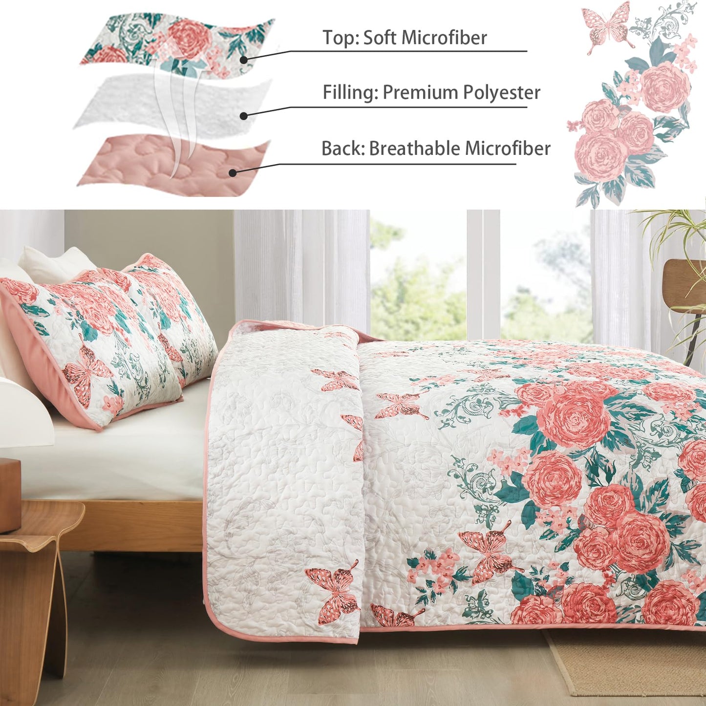 Yiran Pink Floral Quilt Set Queen Size Summer Botanical Bedspreads Bedding Set 3 Pieces Lightweight Rose Flowers Printed Coverlet with 2 Pillow Shams for All Season 96x90 Inch