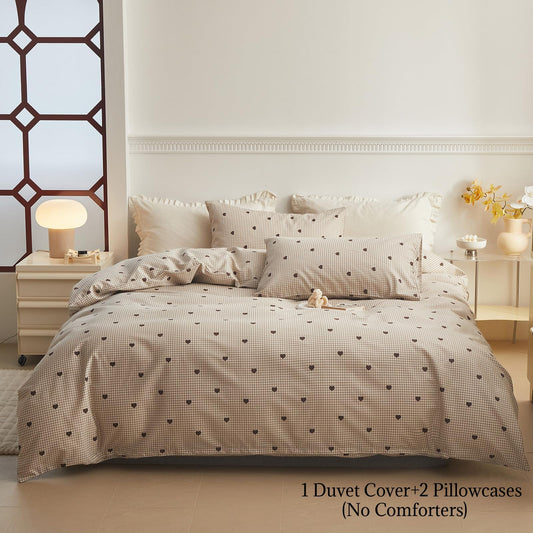 AMZTOP King Duvet Cover Set - Brown Plaid Gingham Comforter Cover with Zipper Closure - 3 Pieces, Includes 1 Duvet Cover& 2 Pillowcases, 100% Cotton King Size Bedding Sets for Teen Girls