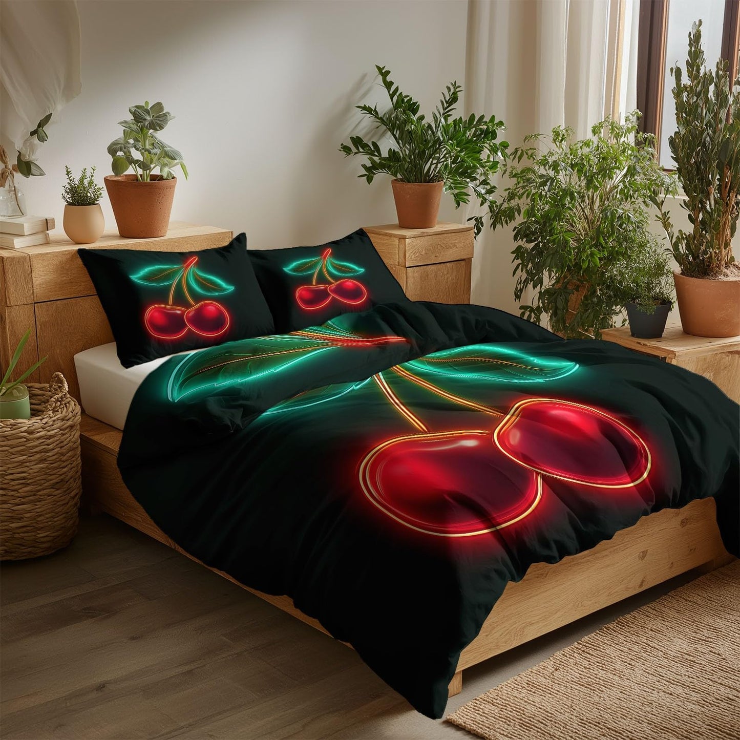 Super Soft Digital Art Duvet Cover Set Twin Size, Neon Futuristic Cherries Bedding for Kids Boys Girls Teens - Breathable and Anti-Allergic Soft Comforter Cover 2 Pillow Shams