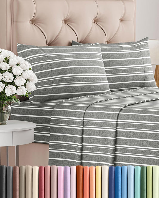 Full Size 4 Piece Sheet Set - Comfy Breathable & Cooling Sheets - Hotel Luxury Bed Sheets for Women & Men - Deep Pockets, Easy-Fit, Soft and Wrinkle Free Sheets - Grey Stripes Oeko-Tex Bed Sheet Set