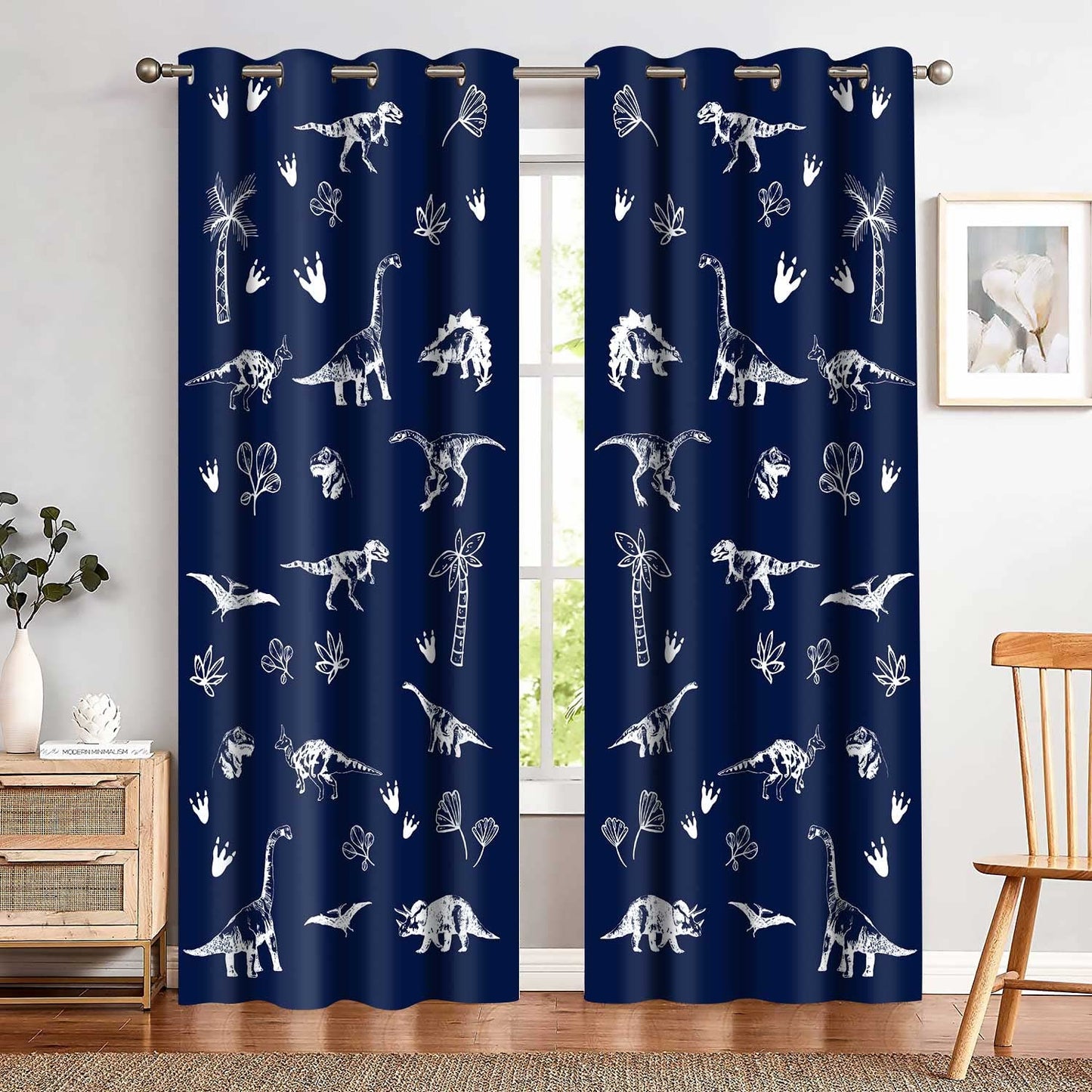 MIZSYE Navy Blue Dinosaur Printed Curtains Cartoon Dinosaur Graffiti Boys Bedroom Blackout Curtains Animal Printing Insulated Curtains Kids Teenage Playroom Living Room Decor 42x84Inch CLZYMS82