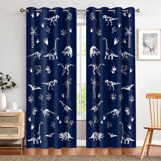 MIZSYE Navy Blue Dinosaur Printed Curtains Cartoon Dinosaur Graffiti Boys Bedroom Blackout Curtains Animal Printing Insulated Curtains Kids Teenage Playroom Living Room Decor 42x84Inch CLZYMS82
