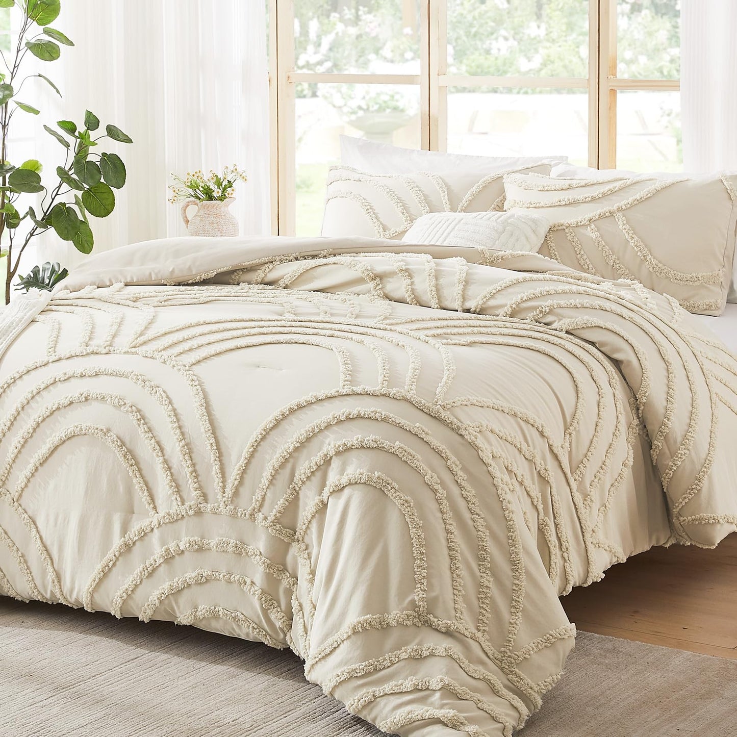 ENJOHOS Boho Comforter Set 3PC, Full Size, Beige, Dorm Bedding Sets for College Girls, Tufted Rainbow Design, Fluffy Lightweight Breathable Microfiber Comfoter