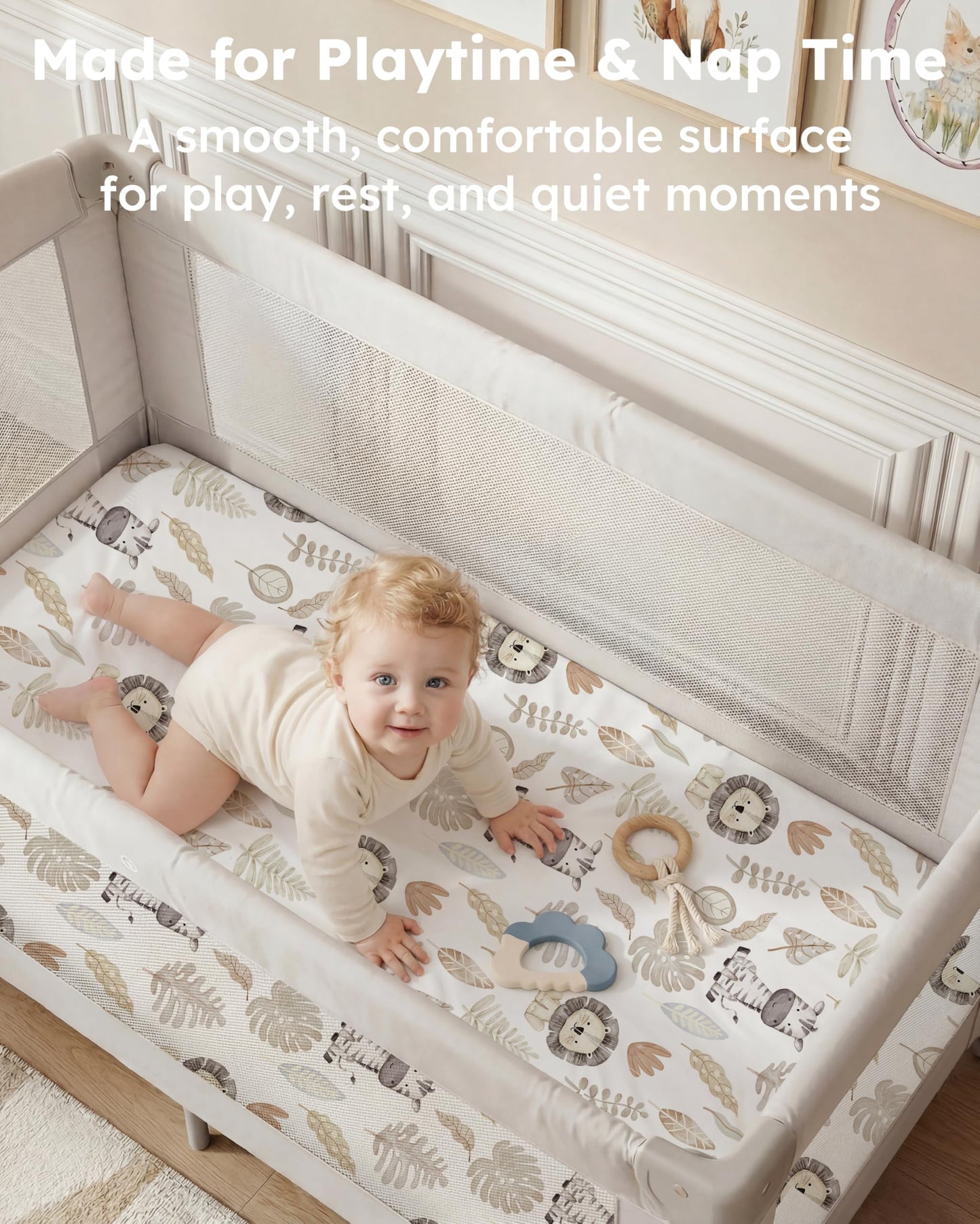 Nyessmee Pack and Play Sheets for Boys Girls, 38" x 26" Mini Crib Sheets Fitted for Pack n Play Mattress, Soft Breathable Playard Sheets, 2-Pack Brown Lion