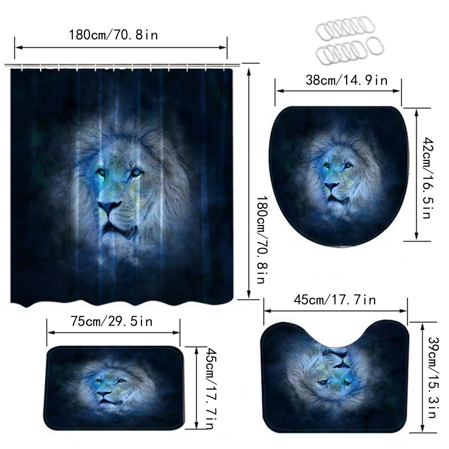 4PCS Navy Blue Lion Shower Curtain Set, Animal Style Bathroom Decor