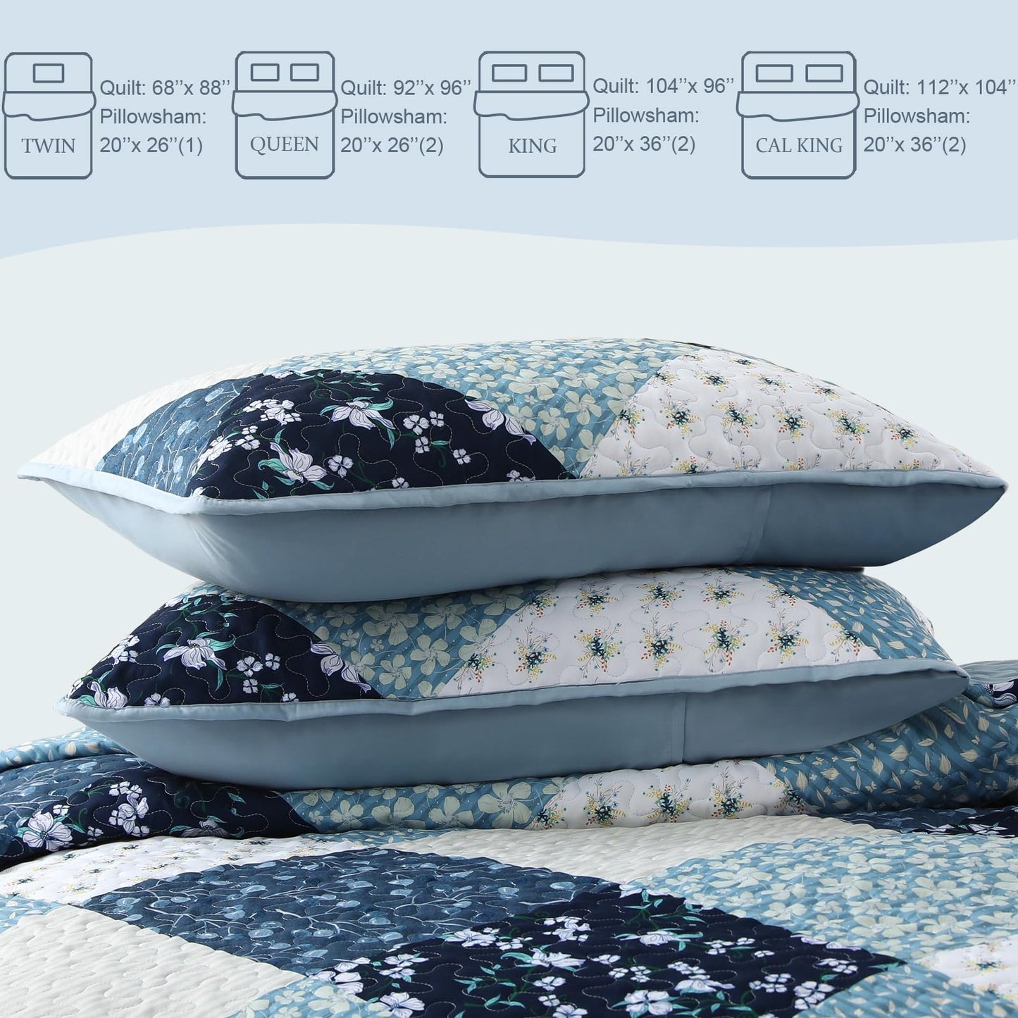 Exclusivo Mezcla Reversible Boho Quilts Queen Size, Blue Soft Bedspreads Lightweight Coverlet All Season Patchwork Quilt Bedding Set with Printed Floral Pattern (1 Quilt, 2 Pillow Shams)