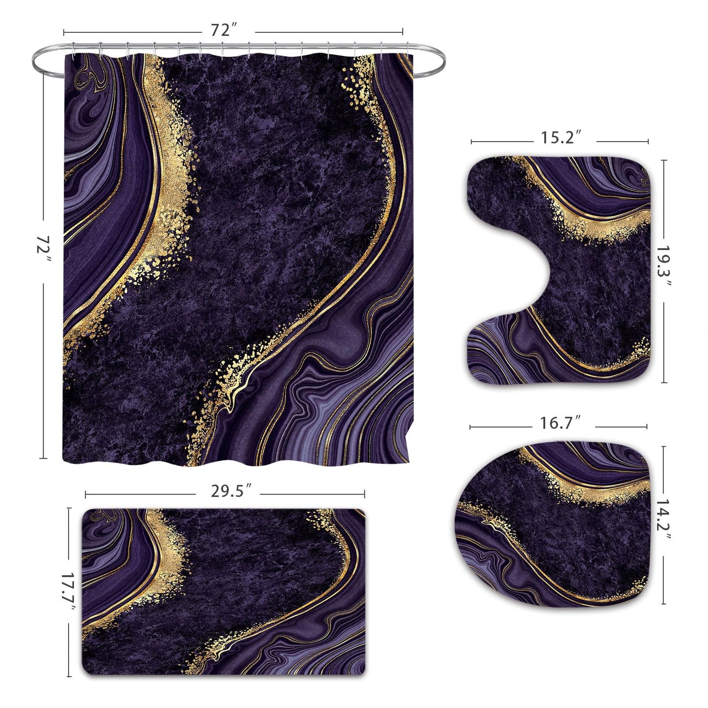 Gibelle 4 Pcs Luxury Marble Shower Curtain Set with Non-Slip Rugs, Toilet Lid Cover and Bath Mat, Gold Foil Purple Bathroom Decor Set with Shower Curtain and Rugs and Accessories