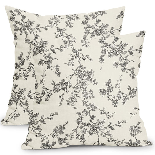 ABSOP Floral Pillow Covers 18x18 Inch Black and Cream Outdoor Decorative Throw Pillows Set of 2 Vintage Floral Pillowcase Chinoiserie Flower Pillow Cases for Sofa Couch Home Decor