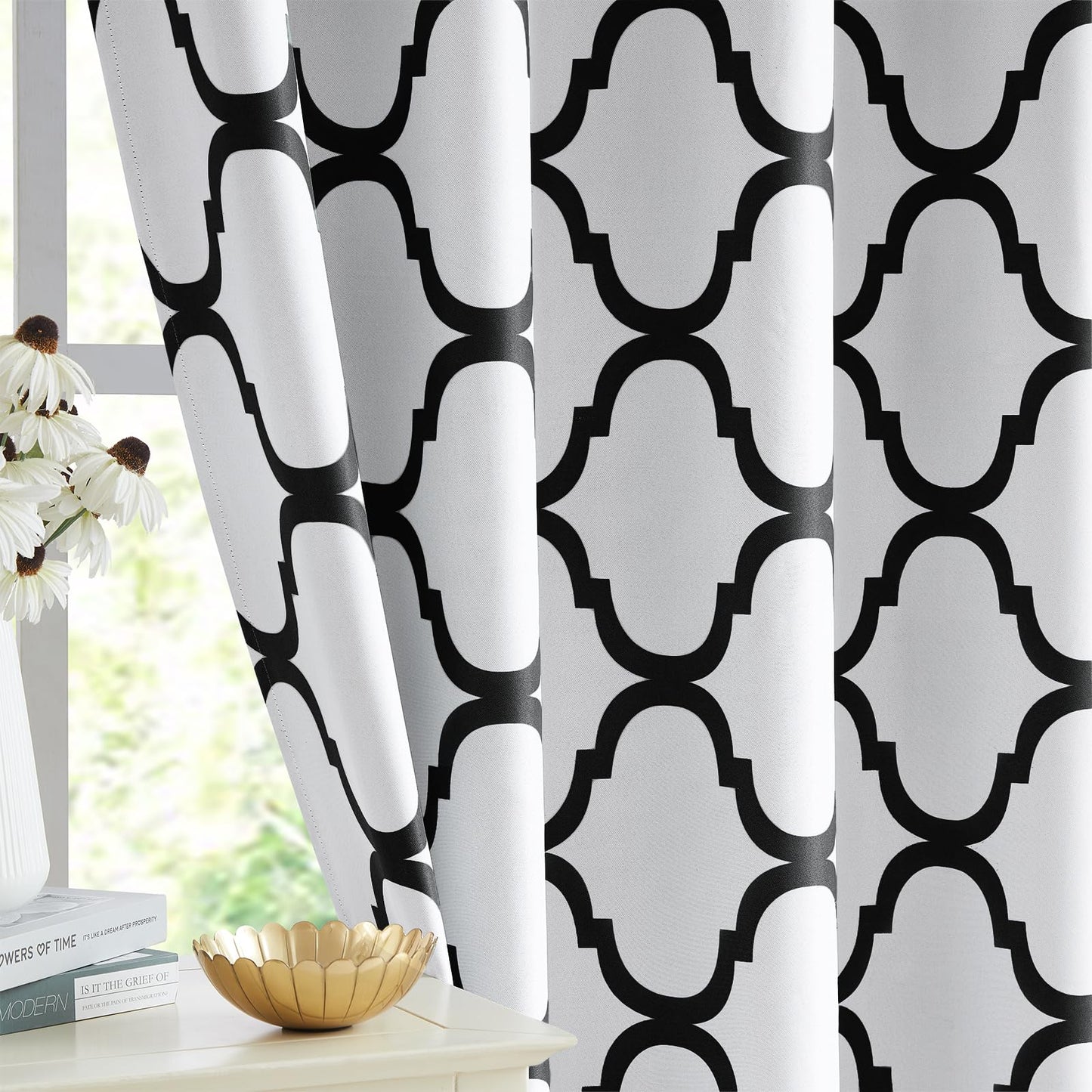 Melodieux Moroccan Printed Room Darkening Blackout Grommet Curtains for Living Room Bedroom, 52 by 84 Inch, Off White/Black (2 Panels)