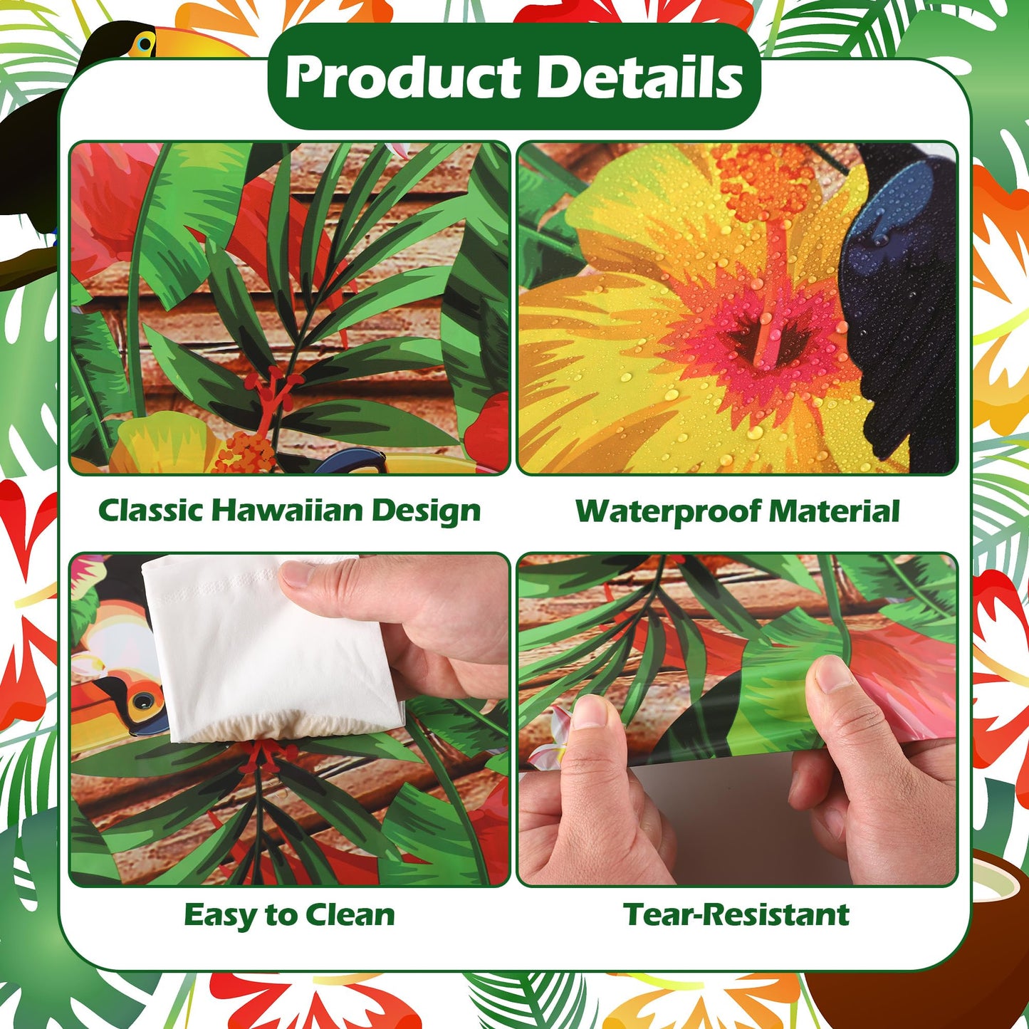 Kochorie 100 Ft X 54 Inch Hawaiian Luau Party Tablecloth Roll with Cutter Box, Disposable Plastic Hawaii Tiki Totem Table Cover, Aloha Tropical Floral Table Decorations for Summer Beach Pool Birthday