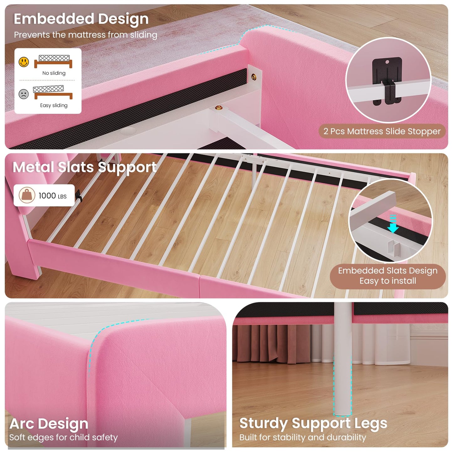 DICTAC Twin Size Princess Bed Frame with Storage Drawer and Safety Guardrails, LED Velvet Upholstered Platform Bed for Girls with Wavy Storage Headboard,Charging Station,Heavy Duty Metal Support, Pink