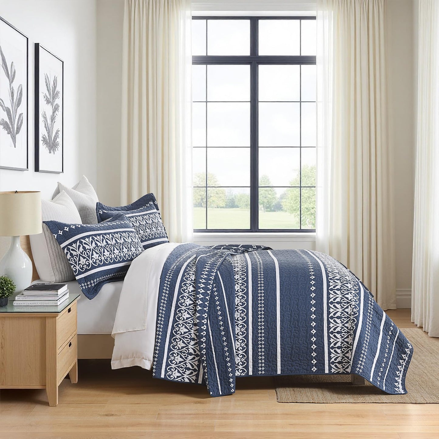 BCOTTOND Quilt Set 100% Cotton Boho Striped King Quilt,Navy Blue Quilt King Size Bohemian Pattern King Bedspread Lightweight All Season 3 Piece