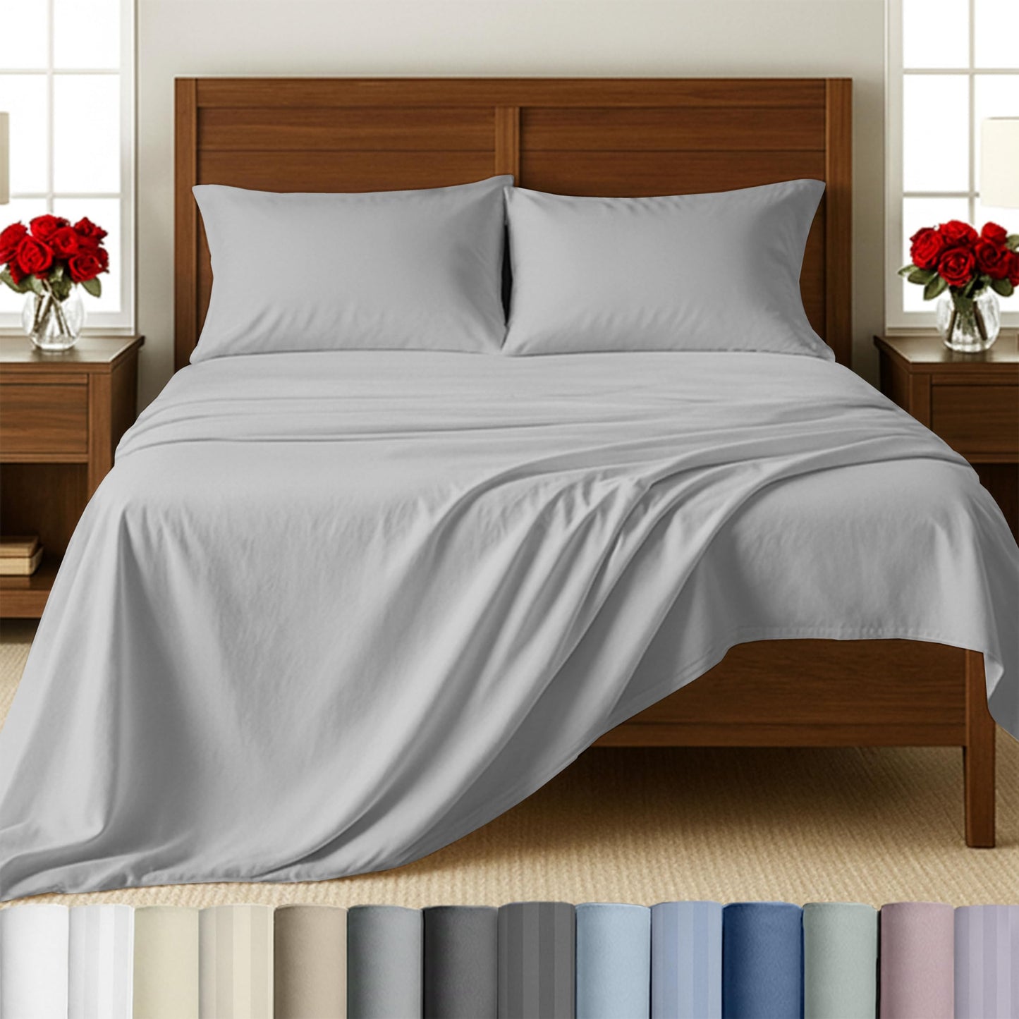 California Design Den - Bed Sheets Queen Size Set, Soft 100% Cotton Sheets Deep Pockets Snug Fit Elastic, 500 Thread Count Sateen, Sheet Sets for Bed (Light Grey)