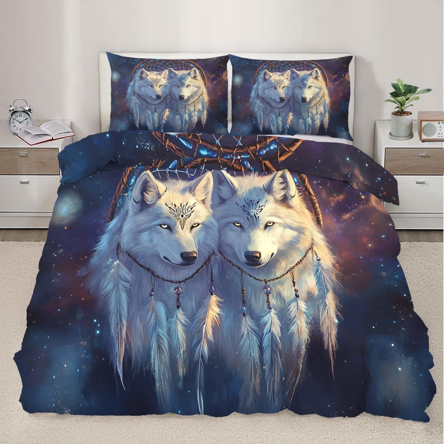 PAISUOQ Wolf Print Duvet Cover Queen Size, Galaxy Wolf Bedding Sets, 3 Piece, Soft Microfiber Patterned Comforter Cover with Zipper Ties & 2 Pillowcase, White Animals Bedroom Decor & Gifts