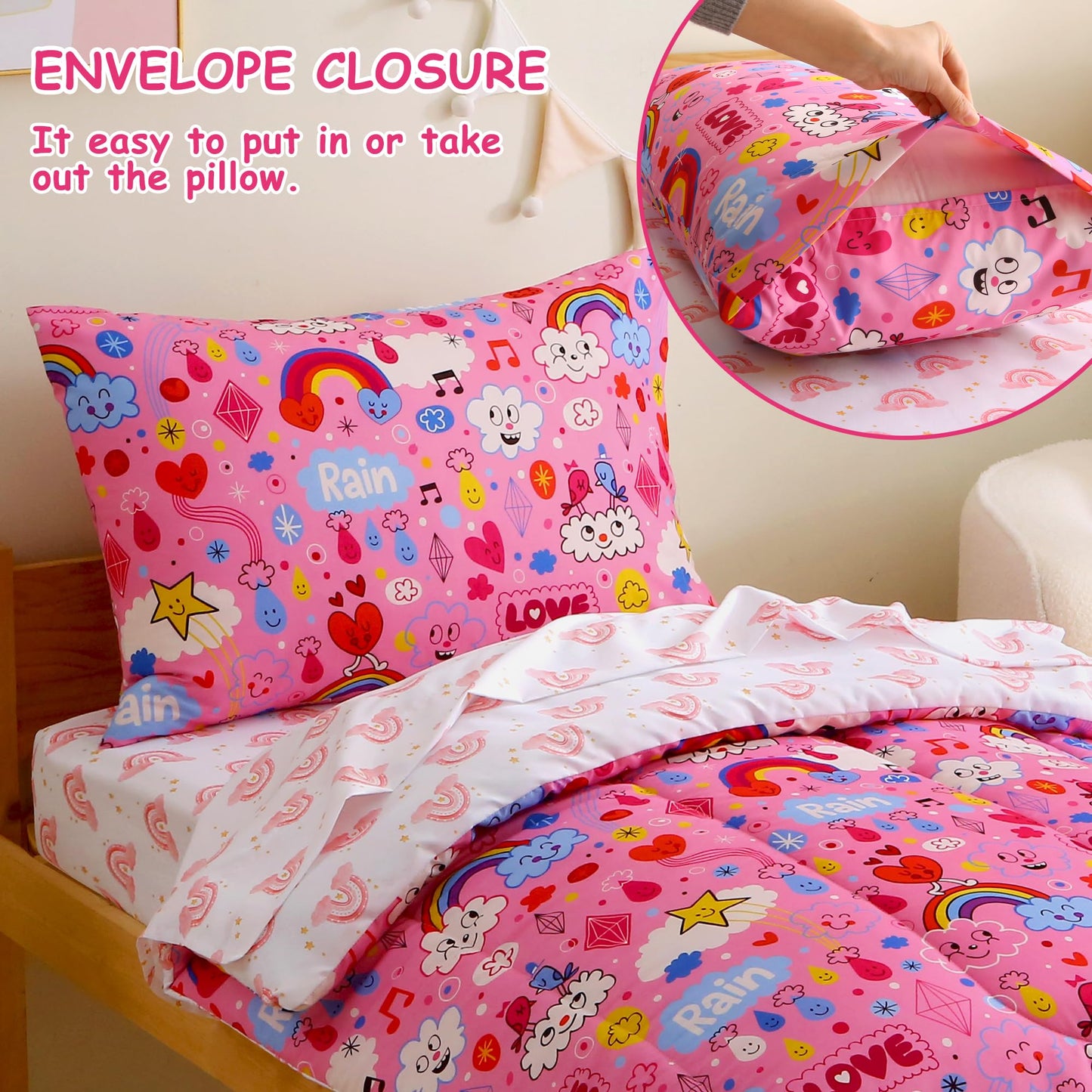 Mooreeke 4 Pieces Toddler Bedding Set - Pink Rainbow Cloud Toddler Comforter Sets for Girls, Includes Comforter, Flat Sheet, Fitted Sheet and Pillowcase, Bed in A Bag for Baby Bedroom
