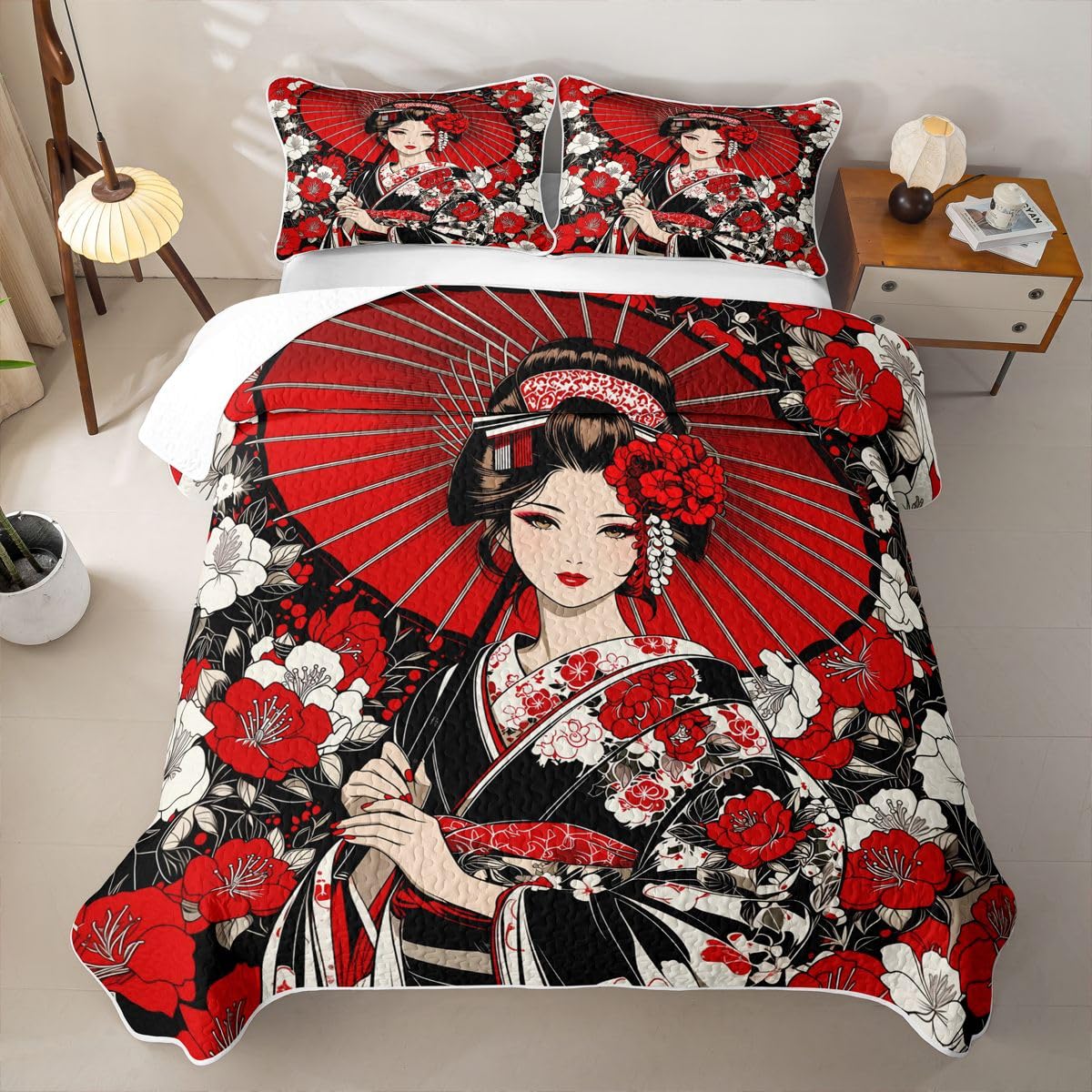 Erosebridal Japanese Geisha Quilts Twin Size - Japanese Flowers Bedspread Coverlet Set, Artistic Japan Quilt Coverlets 2Pcs (Only 1 Pillowcase)