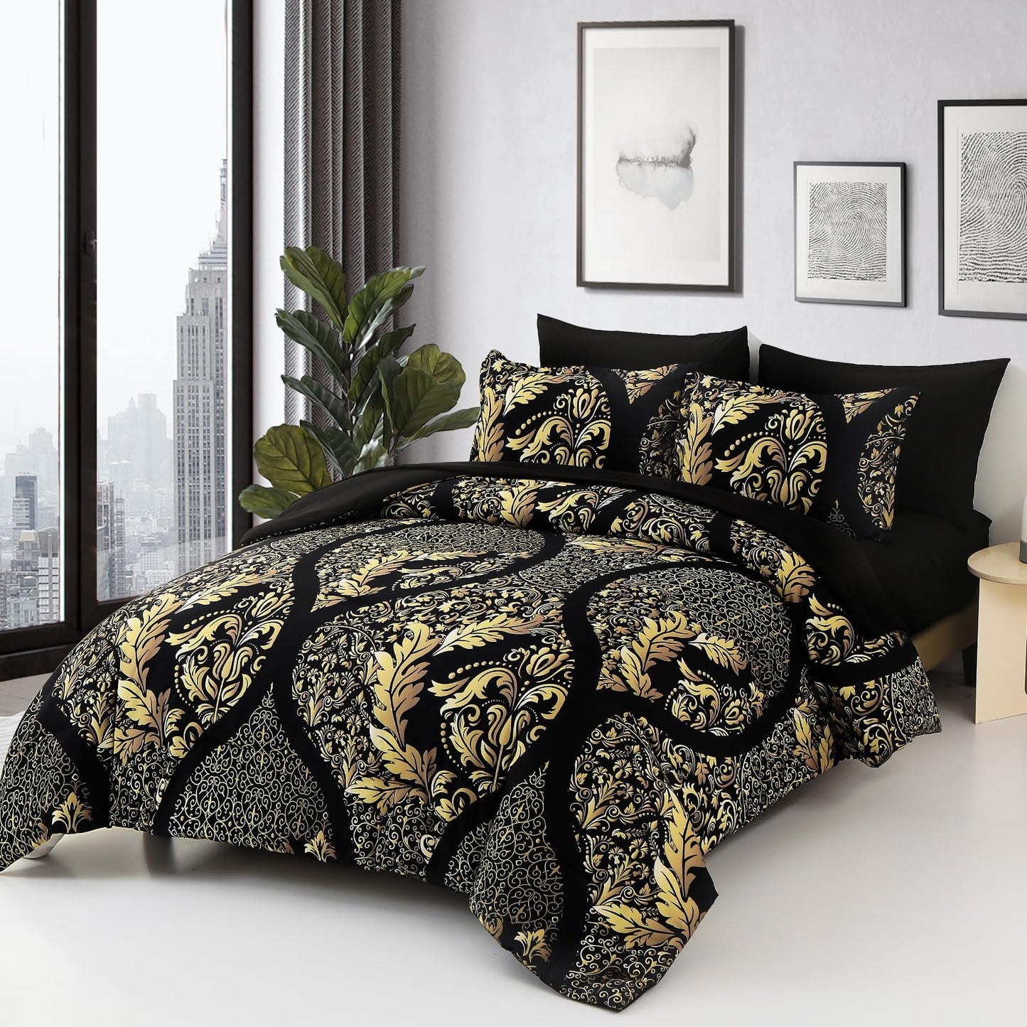 Anibedding Black Gold Comforter Set King Size, 7 Pieces Bohemian Damask Comforter Set Soft Lightweight Microfiber Bedding Set for All Season (104"x90")