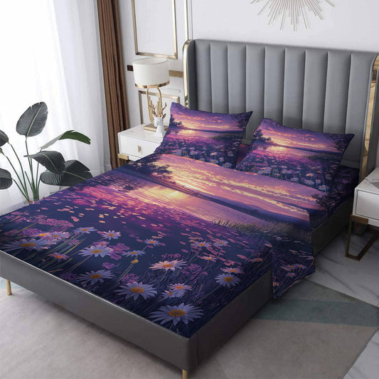 NOGAWA Sunset Floral Sheets King, Flower Landscape Bed Sheets, Deep Pocket & Soft Microfiber Bedding Sheets & Pillowcases 4 Piece - Fitted Sheet & Flat Sheet & 2 Pillow Cases