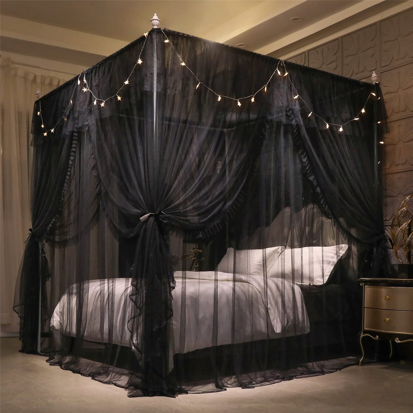 VETHIN 4 Corners Post Ruffle Princess Bed Canopy Curtain-Double Layer Cozy Drape Netting 4 Opening Mosquito Net for Girls Adults Bedroom Decoration (Double-Black,64" W*82" L*82"*H/Queen)
