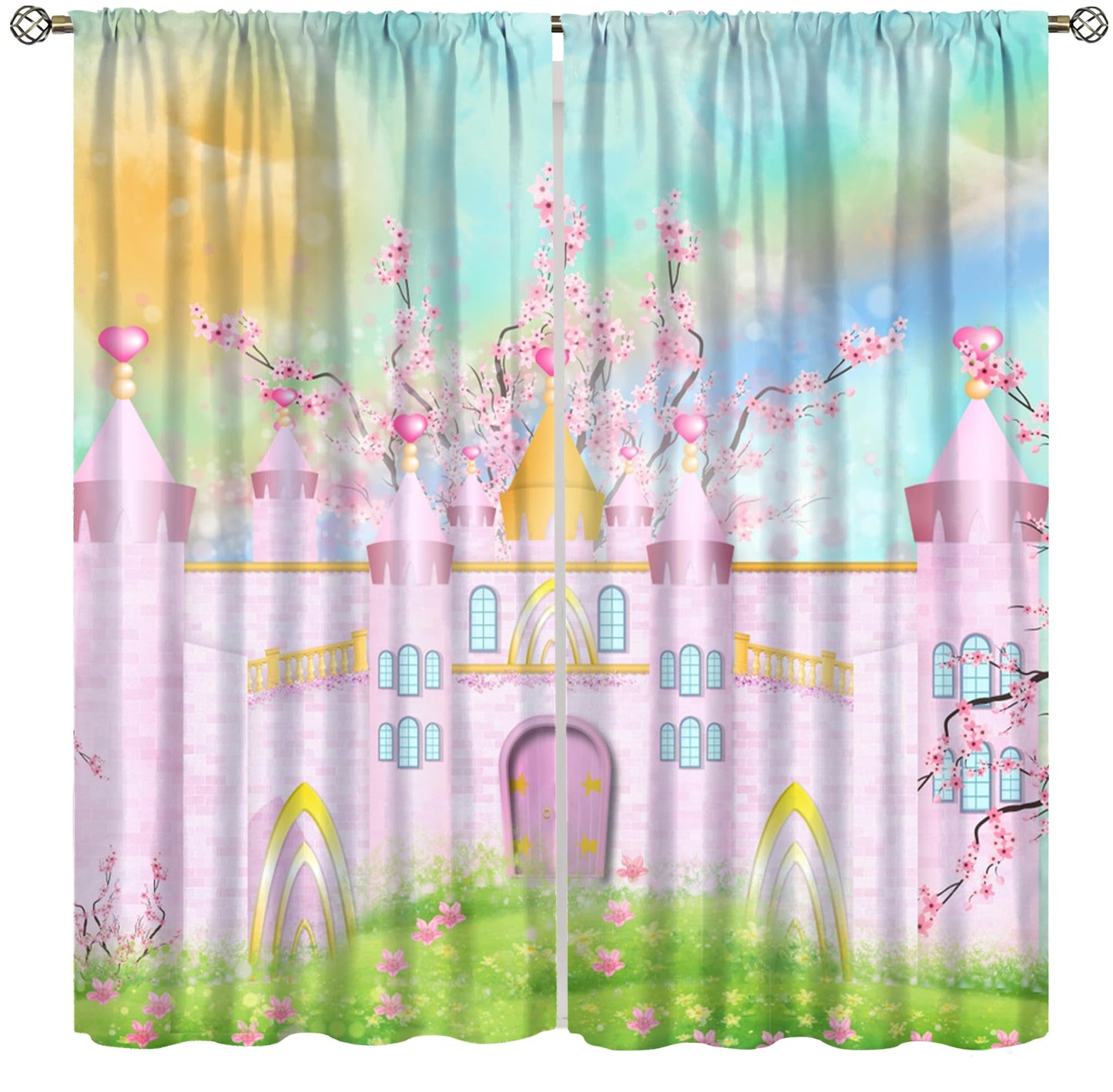 Pink Castle Curtains For Kids bedroom Cartoon Rainbow Pink Castle Pattern Rod Pocket Window Treatments For Girls Children Bedroom Nursery Living Room 2 Panels Set 41x 45 in （No Blackout）