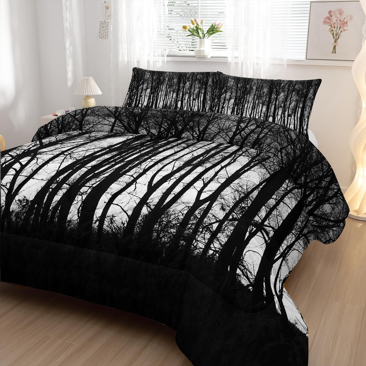 Nttopship Grey Landscape Rustic Woodland Pine Tree Bedding Comforter Sets Twin Size Rustic Farmhouse Bedding Set for Teens Adults Men Bedroom,High Mountain Quilt with 2 Pillow Shams