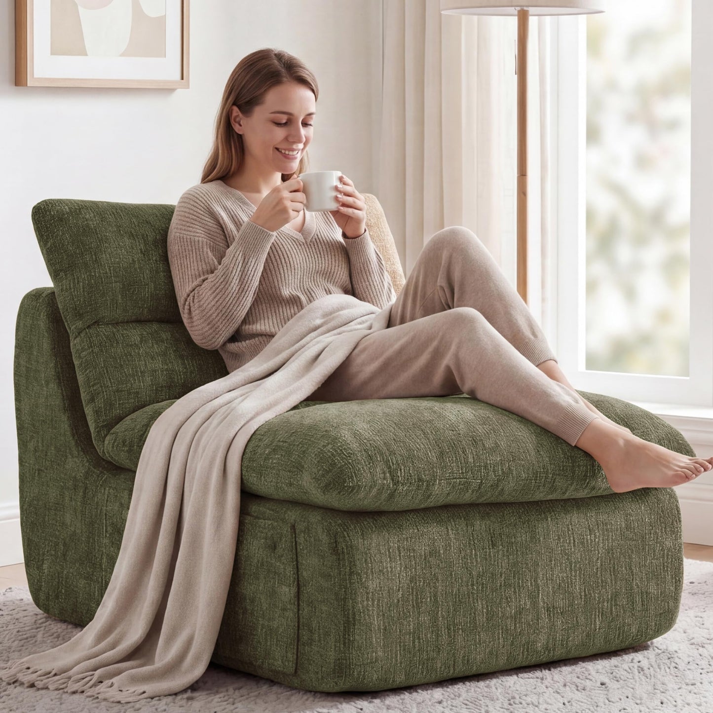 Furnimart High Density Foam Bean Bag Chair for Adults, XXL Boneless Floor Lounger with Ergonomic Back Support, No Sag Compression Foam, No Assembly, Washable Chenille Cover (Olive Green)