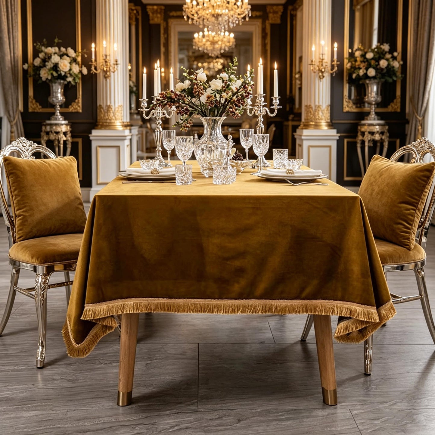 FAIRY KAARI Velvet Tablecloth Luxurious Camel Rectangle Table Tablecloth Thickset with Luxurious Gold Tassels Table Cloth for Home Decor Christmas Wedding, Party, Banquet and Events 55X86inch