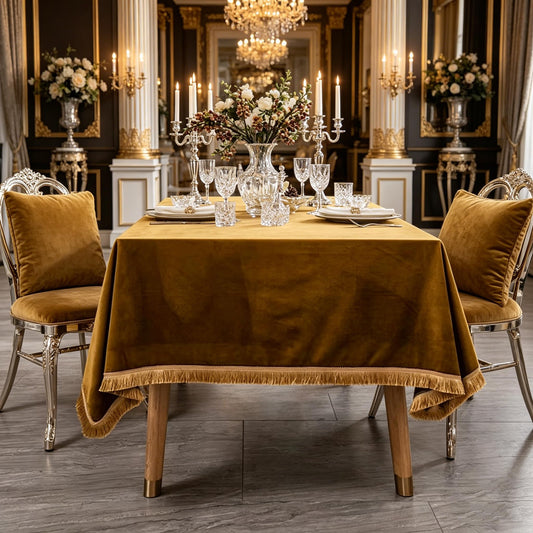 FAIRY KAARI Velvet Tablecloth Luxurious Camel Rectangle Table Tablecloth Thickset with Luxurious Gold Tassels Table Cloth for Home Decor Christmas Wedding, Party, Banquet and Events 55X86inch